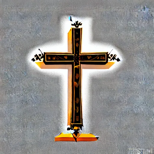 Prompt: intricate concept illustration of a cross marked in a stone on a high impact, highly detailed, digital painting, artstation, smooth, symmetrical, sharp focus, illustration