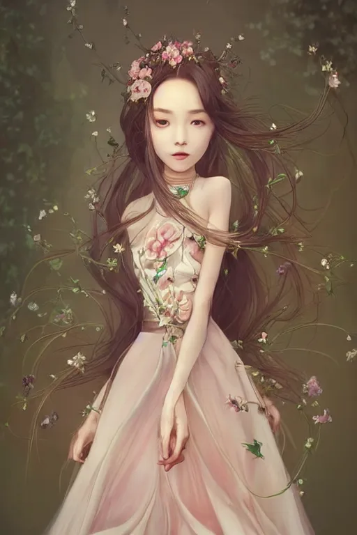 Image similar to romantic and fashion and love princess of the flower with sheath dress, 8 k realistic, teenager girl, baroque, symmetrical, flowing hair, smile, trending pinterest and pixiv, muted colors, hyperrealistic, l close up shot, character concept art, face by kyoung hwan kim, alexandra fomina, ilya kuvshinov