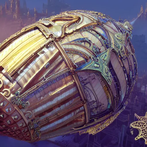 Prompt: enormous flying city in a faberge egg, sky, steampunk, fantasy art, masterpiece, unreal engine, intricate