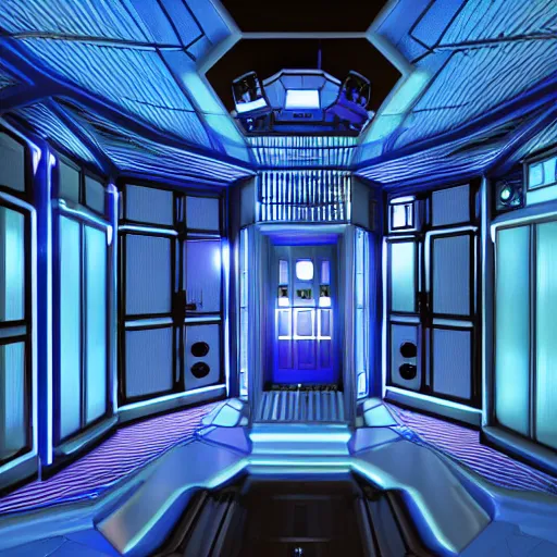 Image similar to the inside of the TARDIS, console and interior, art deco, 3d render, hyper realistic, unreal engine, detailed