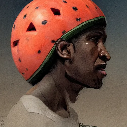 Image similar to side portrait of a goofy looking black guy with a watermelonmelon fruit helmet that covers only the top of his head by greg rutkowski