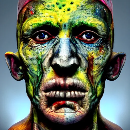 Prompt: Intricate five star Toxic Zombie facial portrait by Pablo Picasso, oil on canvas, HDR, cinematic, vibrant colors, photo realistic, hyperrealism,high detail, matte finish, high contrast, 3d depth, masterpiece, vivid colors, artstationhd , deviantart