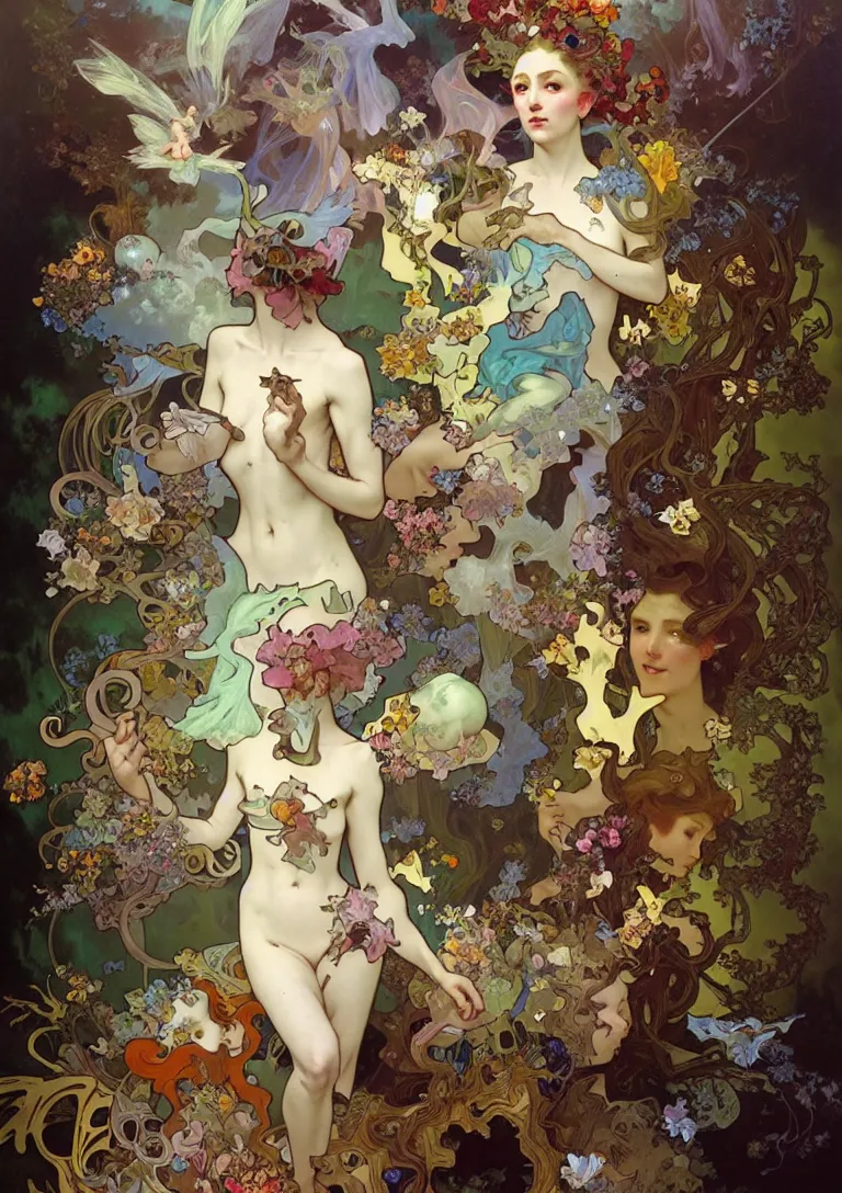 Image similar to baroque oil painting portrait of the colorful and playful fairy garden full of ghosts, by peter mohrbacher, alphonse mucha, brian froud, yoshitaka amano, kim keever, victo ngai, james jean