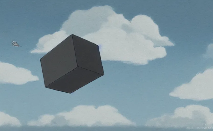 Image similar to a cell - shaded studio ghibli concept art study of a grey cube in the sky. a fighter jet is in the background. wide shot, very dull colors, hd, 4 k, hq