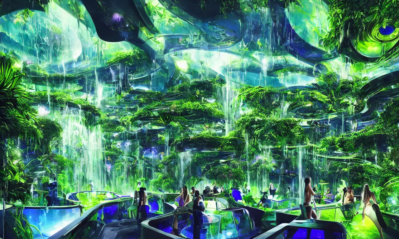 Prompt: interior shot of paradise inside of a spaceship for humans in deep space, night club vibes, people partying, elaborate costumes, celestial objects in the background outside massive windows, natural, green plants, water features, waterfalls, epic cinematic composition, vibrant colors, fine details, hyperrealism, photograph