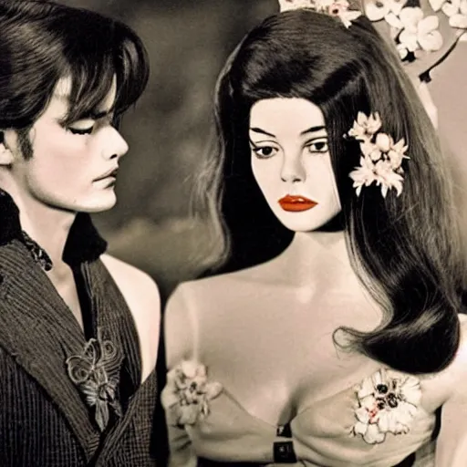 Prompt: 1 9 6 0 s symmetrical pretty elegant brigitte bardot as a vampire with alain delon, very detailed intricate style of takato yamamoto lots of flowers