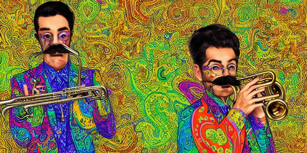 Image similar to highly detailed digital artwork of a psychedelic dingo - man with a salvador dali mustache. he wears a blue paisley jacket. he has a short green fade hairstyle. he is playing the trumpet.