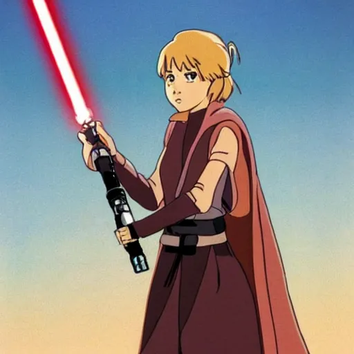 Image similar to a young jedi woman holding a lightsaber, from studio ghibli's star wars anime, sci - fi, animation