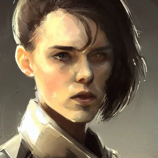 Image similar to Portrait of a woman by Greg Rutkowski, she is about 20 years old, round face, mixture between german and russian, black bob hair, attractive, determined but resentful look, she is wearing futuristic military fatigues with a black scarf, highly detailed portrait, scifi, digital painting, artstation, concept art, smooth, sharp foccus ilustration, Artstation HQ.