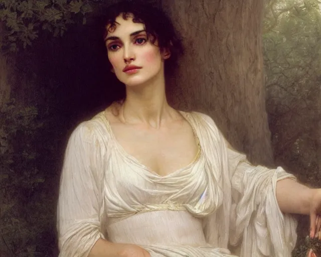 Prompt: portrait en buste of winona ryder kiera knightley in repose by Hughes Merle, by Pierre Auguste Cot, bouguereau, perfect detailed eyes, realistic fabric, abundant detail, dramatic pose