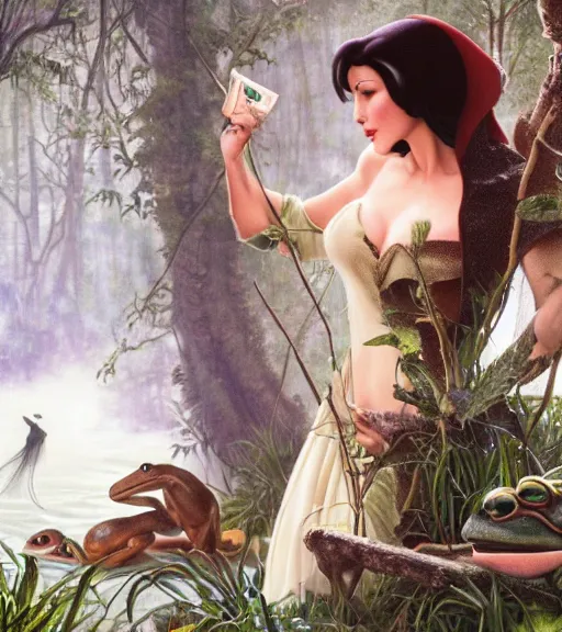 Image similar to film still of Monica Bellucci as snow white in a forest by a pond with frogs, by artgerm, makoto sinkai, magali villeneuve, Gil Elvgren, Earl Moran,Enoch Bolles, symmetrical,