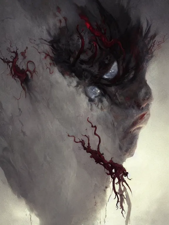 Image similar to painting by greg rutkowski of a flying sorrowful looking human head with tears running down it's eyes, face that is chalk white in color, with long sprawling white tentacles stemming down it's neck, fiery scorching red eyes, flying in a terrying hellish dark cavernous place