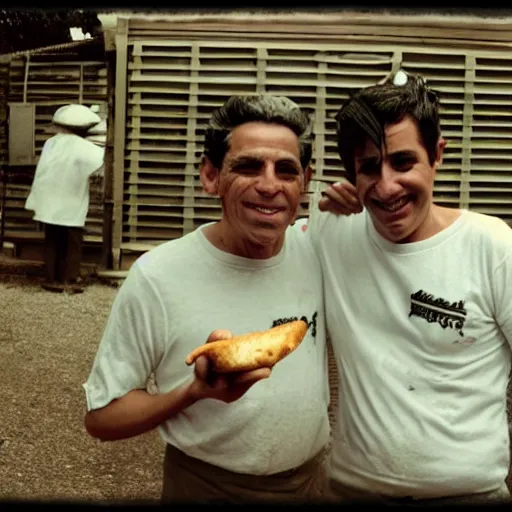 Image similar to a Kodak shot of two old brothers with white butcher clothes hug each other looking at the camera and holding a choripan, black and white, low fidelity