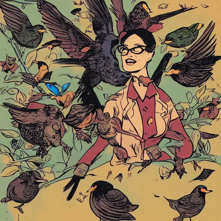 Prompt: a nerdy woman in a wheelchair, surrounded by birds, a full color illustration by mike mignola