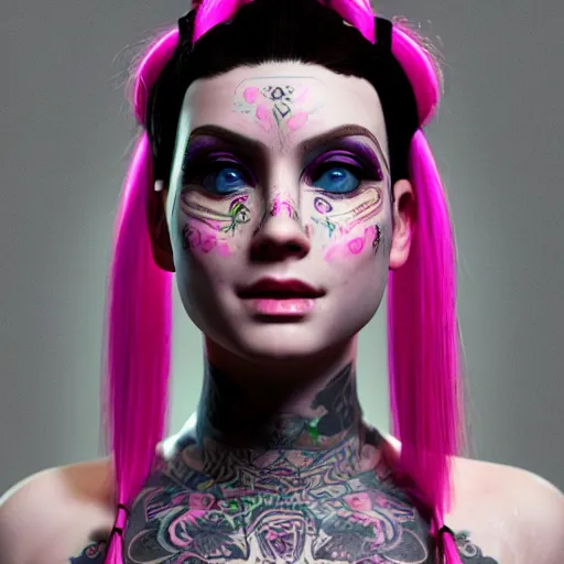 Image similar to An octane 3d render of a girl with pink pigtails, and face tattoos, 8d, HD, hyper detailed, intricate details, photorealistic, dynamic lighting, stunning visuals, creative, trending on art station,