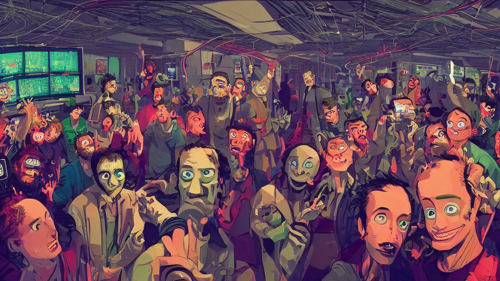 Prompt: selfie of a tight group of happy drunken hackers at a party in a highly detailed server room with computers everywhere and wires, in a scifi movie, vivid colors, by jamie hewlett, nuri iyem, james gurney, james jean, anato finnstark. hyper detailed, wide angle, perfect faces