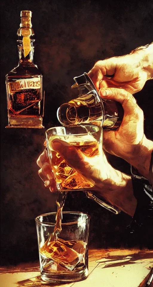 Image similar to close up of bloodied max payne pouring whisky, sun shining, photo realistic illustration by greg rutkowski, thomas kindkade, alphonse mucha, loish, norman rockwell.