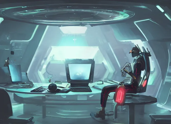 Image similar to a man sitting on a chair with things attached to his head, screens in front of him playing videos, ship interior, futuristic, scifi, concept art, surreal