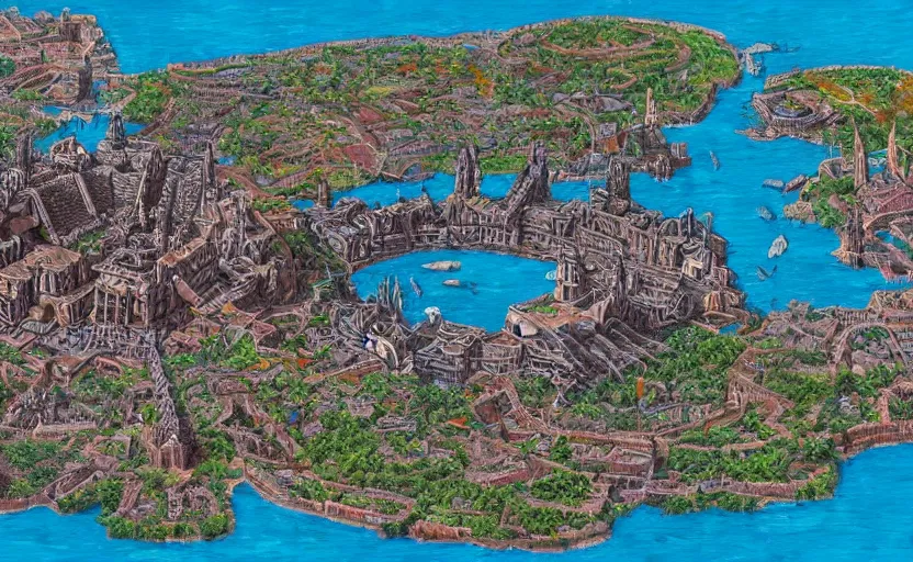 Prompt: an aztec city in a one island lake, surrounded by 15th century ships, aerial view, ultra detailed, high quality, artstation, digital painting, 8k, vibrant, ultra detailed water