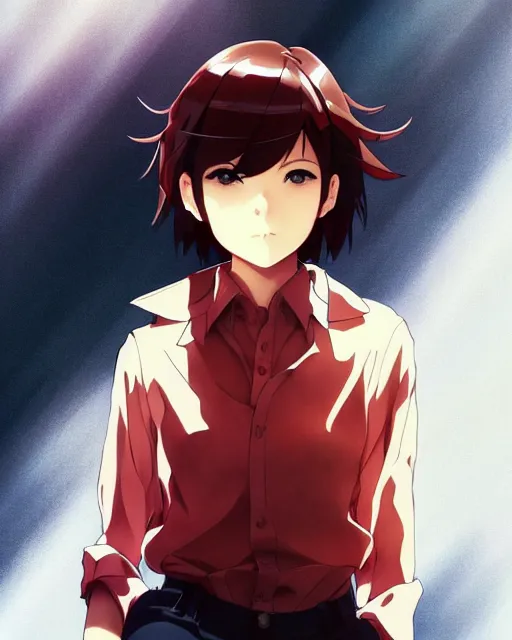 Image similar to makoto shinkai, artgerm, yoji shinkawa, ilya kuvshinov, loish, beautiful anime woman, wearing full clothing red shirt brown pants, clockpunk, black and red hair hair, symmetrical face, symmetrical eyes, full round face, short smile, detailed, summer setting, cinematic lighting