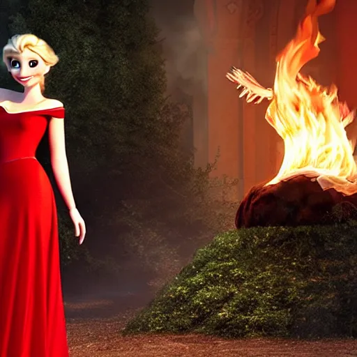 Image similar to elsa with fire powers wearing a red dress