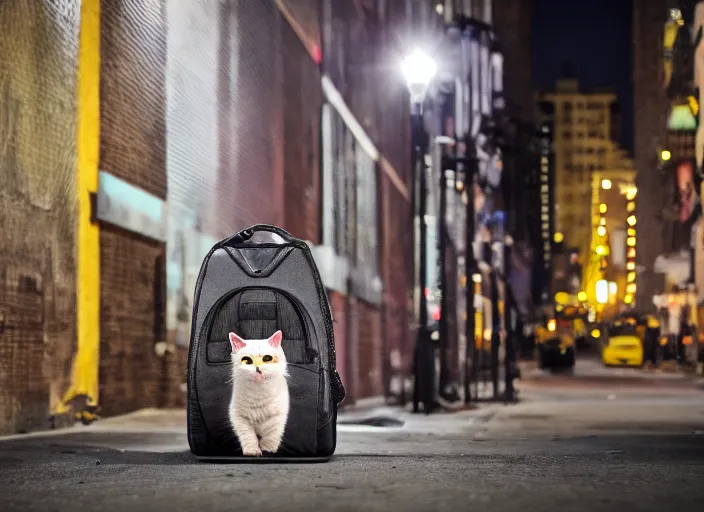 Image similar to photography of a Cat being carried in a backpack . in a new york street. award winning photo, led lighting, night, 130mm, sharp, high res