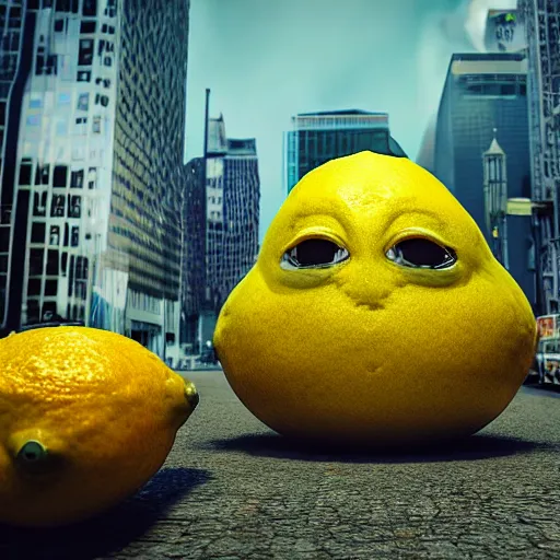 Image similar to gigantic lemon monster invading detroit, dslr, 8 k, octane beautifully detailed render, cold mood, cinematic lighting, detailed photo, masterpiece, volumetric lighting, ultra realistic, highly detailed, high quality, lossless, photorealistic