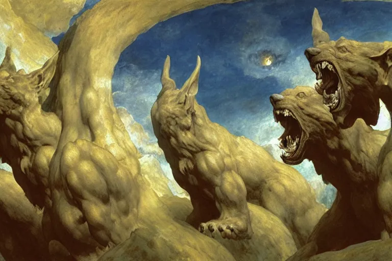 Image similar to hyperdetailed matte art of cerberus by william blake, ilya repin, amano, rene magritte, craig mullins