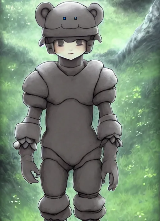 Image similar to beautiful little boy wearing an cyborg bear suit, artwork in kentaro miura and made in abyss and rosdraws, smooth, beautiful lightness, anatomically correct, trending on pixiv, forest