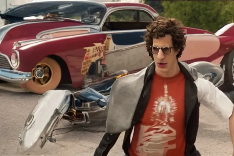 Prompt: a cinematic still from hotrod movie of ((andy samberg))