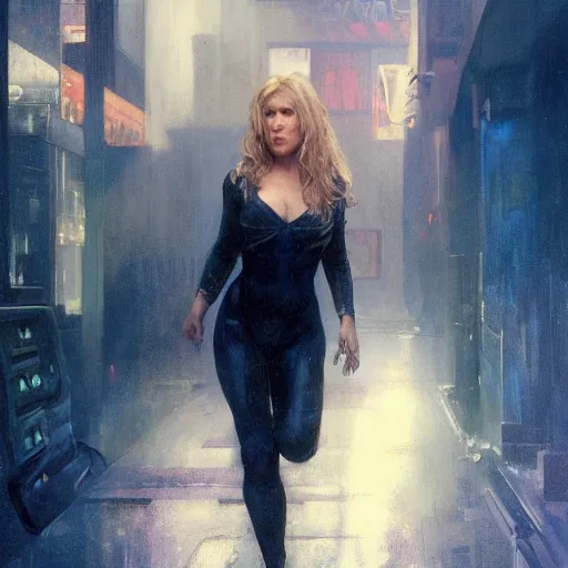 Image similar to young christina applegate, hyperrealistic full figure, bladerunner street alley, art of elysium by frank frazetta and by jeremy mann and by alphonse mucha, fantasy art, photo realistic, dynamic lighting, artstation, full figure poster, volumetric lighting, very detailed face, 4 k, award winning