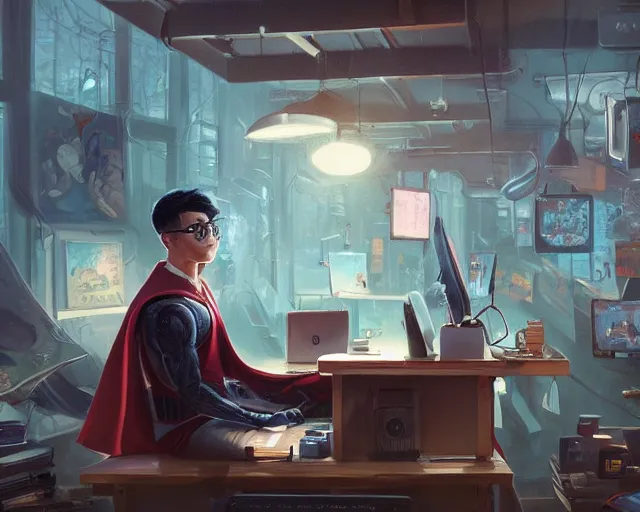 Image similar to an insanely detailed painting of a nerdy asian man wearing a superhero costume, sitting at a desk, staring at the nervously at the computer and typing, in the style of peter mohrbacher, dramatic lighting and composition, surreal background, octane render, pixar, trending on artstation, concept art, comic book, view from behind