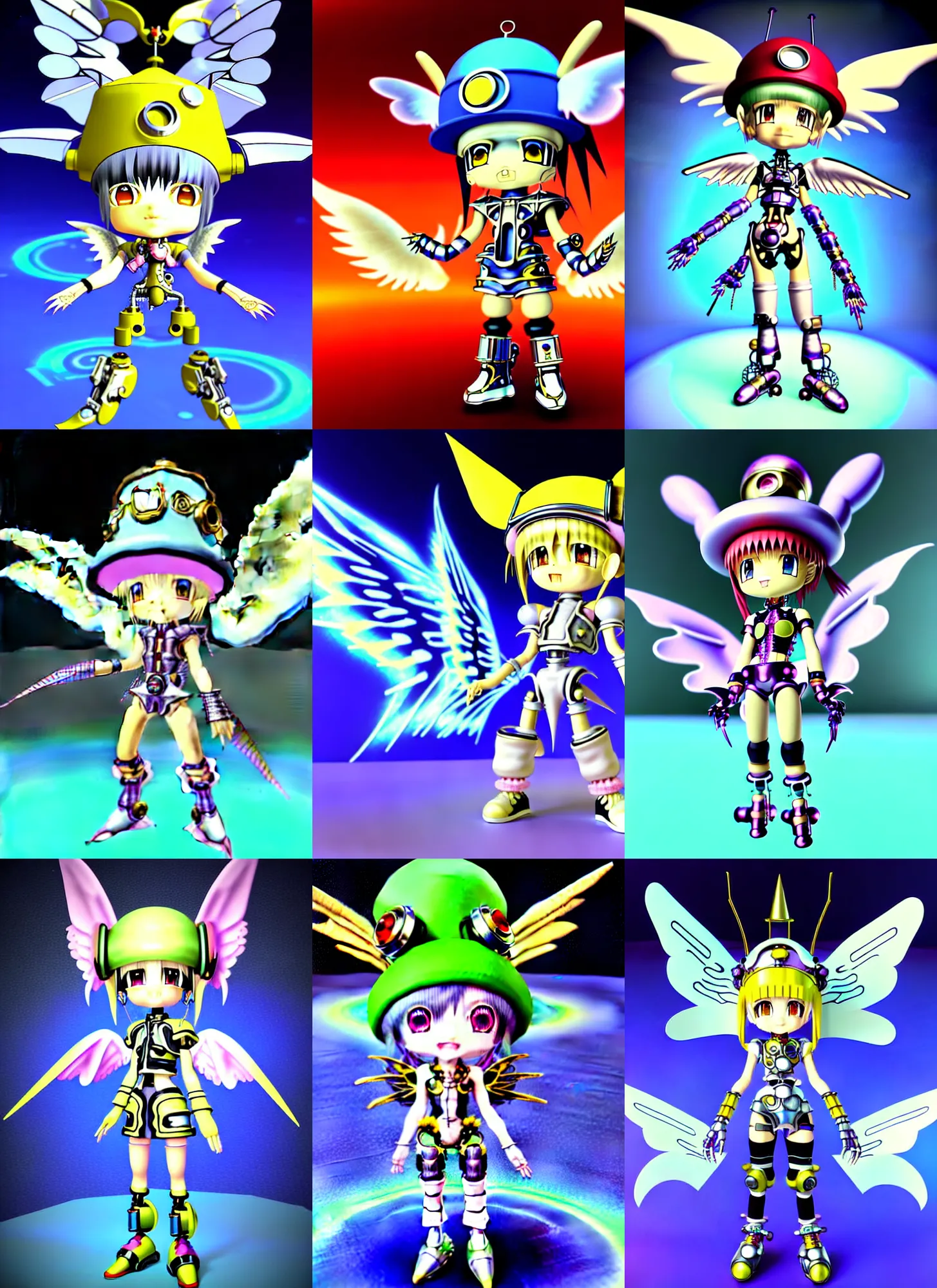 Prompt: vintage cgi 3 d render of cute chibi cyborg digimon in the style of micha klein final fantasy yugioh time wizard by ichiro tanida wearing a big bell hat and wearing angel wings against a psychedelic spiral background with 3 d butterflies and 3 d flowers n the style of 1 9 9 0's cg graphics 3 d rendered by micha klein lightwave, 3 do magazine