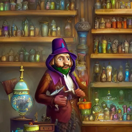 Image similar to Fantasy artwork of Anthropomorphized parrot trader in his shop, shelves full, selling a gem, portrait, items, magic potions, carpet, window, fancy funny hat, sly expression , cunning expression, cute expression, presenting magic gem, D&D, fantasy, cinematic lighting, highly detailed, digital painting, artstation, concept art, smooth, sharp focus, illustration, warm light, cozy warm tint, magic the gathering artwork, volumetric lighting, 8k, no gold, no gold colours, art by Akihiko Yoshida and Greg Rutkowski