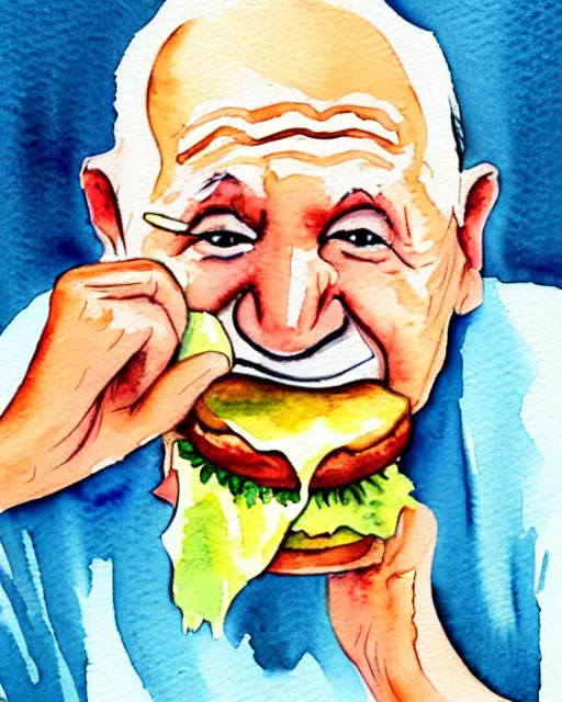 Prompt: watercolor picture of an old man eating hamburger, low key