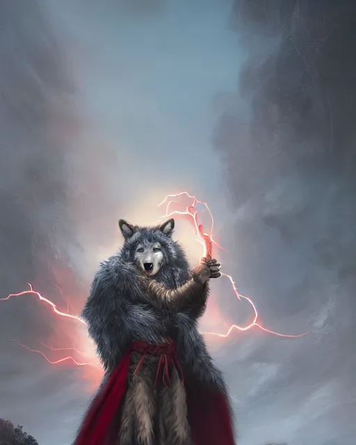 Prompt: oil painting of Anthropomorphized Wolf Shaman holding magical lightning staff, wearing red fur cloak, sharp focus, , magical aura, heroic pose, fantasy style, octane render, volumetric lighting, 8k high definition, by greg rutkowski, highly detailed, trending on art Station, magic the gathering artwork, Lightning storm background, centered