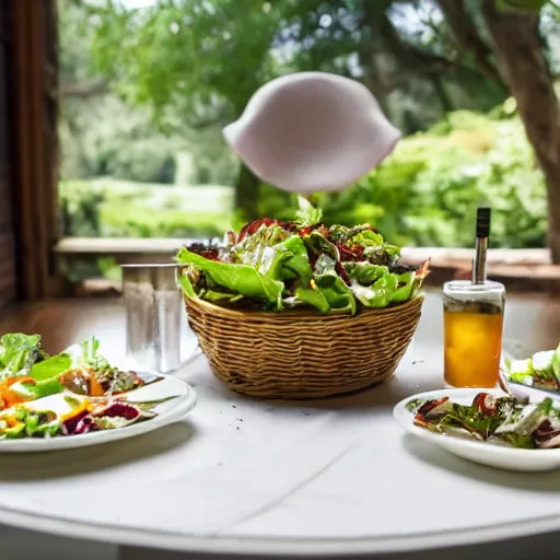 Image similar to a chair eating a salad at a table