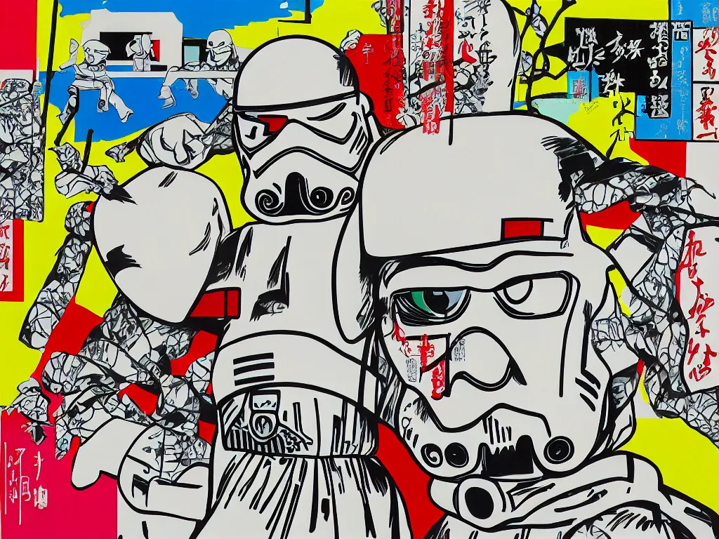 Image similar to hyperrealism composition of the japanese home with a garden, detailed stormtrooper in hot springs, pop - art style, jacky tsai style, andy warhol style, roy lichtenstein style, acrylic on canvas