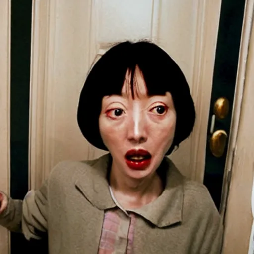 Image similar to ceo of binance changpeng zhao as shelley duvall in the iconic shining movie door axe