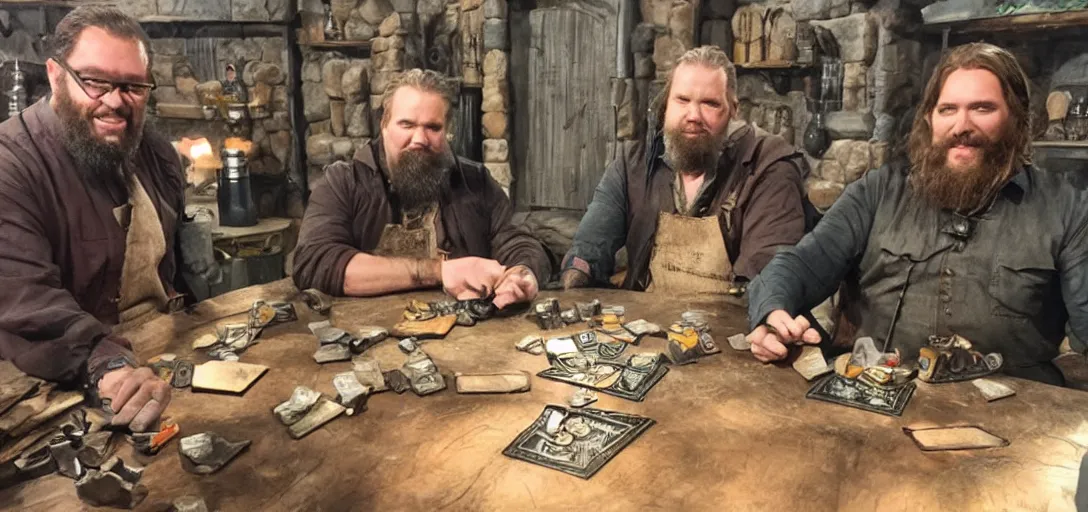 Image similar to Eitri, Gimli, and Thibbledorf Pwent. Competing in an episode of Forged In Fire