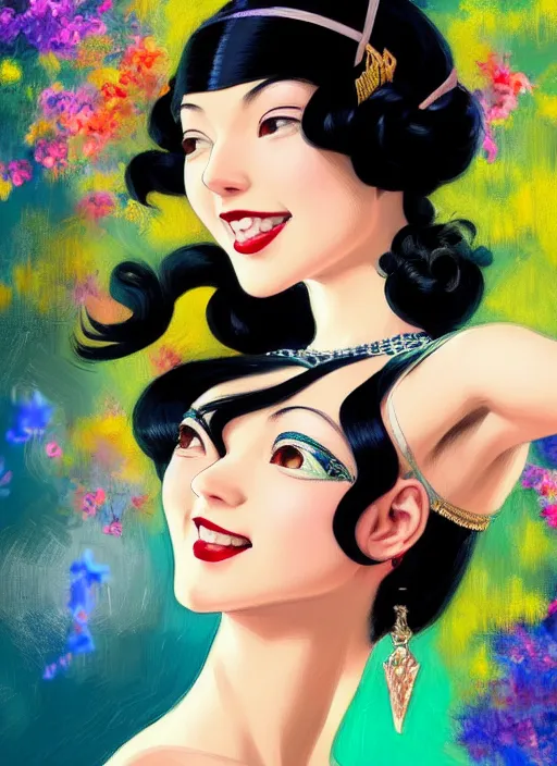 Prompt: a smiling beautiful dancer with black hair in 1920's fashion, living room background, intricate, highly detailed, digital painting, artstation, official media, anime key visual, concept art, rich vivid colors, ambient lighting, sharp focus, illustration, art by Artgerm, Makoto Shinkai, Ilya Kuvshinov, Lois Van Baarle, and Rossdraws