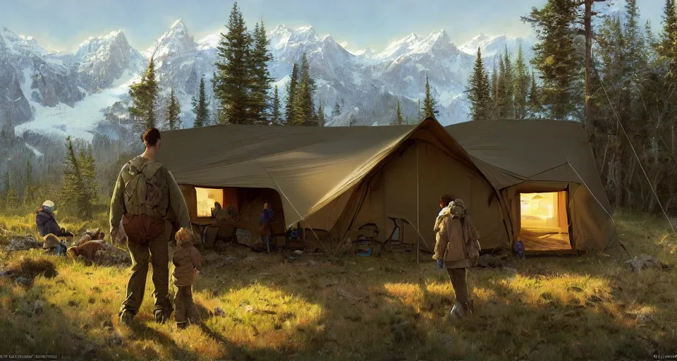 Image similar to cabela's beautiful comfortable self contained modular insulated wall container home kit - house all weather family dwelling tent house, person in foreground, mountainous forested wilderness open fields, beautiful views, painterly concept art, environmental concept art, concept art illustration, by james gurney, by craig mullins, by greg rutkowski trending on artstation