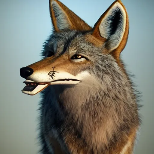 Image similar to a coyote, octane render rendered in unreal engine rendering v - ray rendered in octane highly detailed c 4 d blender rendered in maya iclone 7 reallusion character creator ( character ) unreal engine 5 rendered by octane engine cgsociety