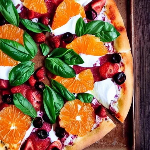 Prompt: pizza with oranges strawberries olives basil tuna and yogurt