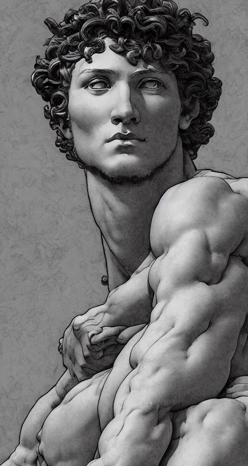 Image similar to Michelangelo\'s David, highly detailed, digital painting, artstation, concept art, smooth, sharp focus, illustration, ArtStation, art by artgerm and greg rutkowski and alphonse mucha and J. C. Leyendecker and Edmund Blair Leighton and Katsuhiro Otomo and Geof Darrow and Phil hale and Ashley wood and Ilya repin and Charlie Bowater