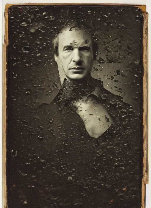 Image similar to old wetplate daguerreotype portrait of saul goodman, explosion of data fragments, fractal, intricate, elegant, highly detailed, parallax, medium format, subsurface scattering, by jheronimus bosch and greg rutkowski and louis jacques mande daguerre