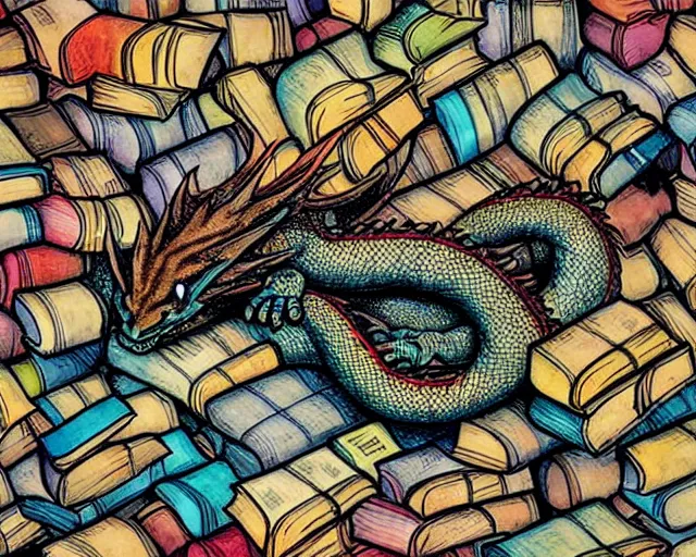 Prompt: A huge dragon sleeping on a huge pile of tiny books, by Jody A Lee.