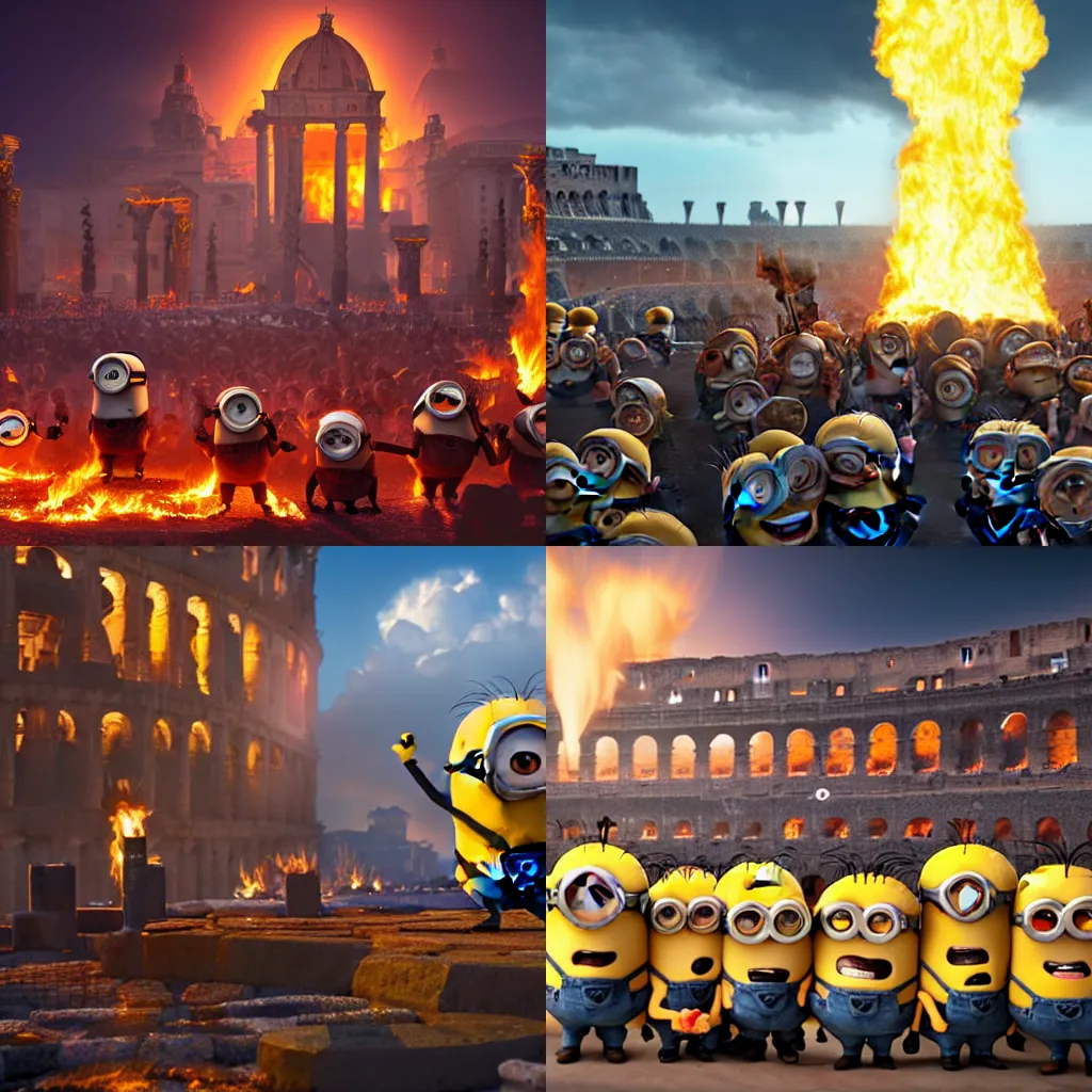 Prompt: minions and nero starting the burning of rome, pixar render 4K