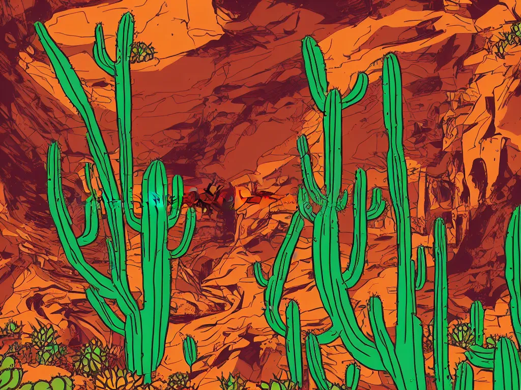 Prompt: vector illustration!!!! duotone!! desert rave inside of cactus cave!!!!!! cinematic composition!! poster design!