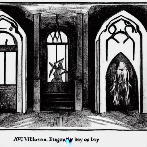 Image similar to Interior shot of a vampire's manor, inside of a hallway with large ominous windows. Dark Fantasy, Film Noir, Black and White. High Contrast, Mike Mignola, D&D, OSR